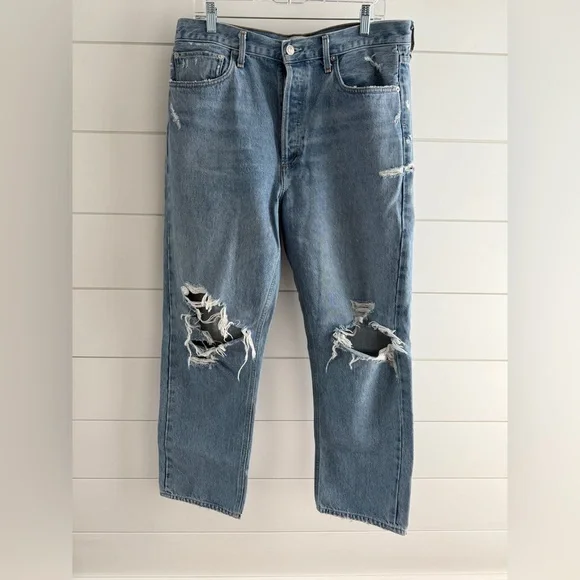 AGOLDE 90’s Mid Rise Button Fly Distressed Jeans, Size 31 - Picture 2 of 14